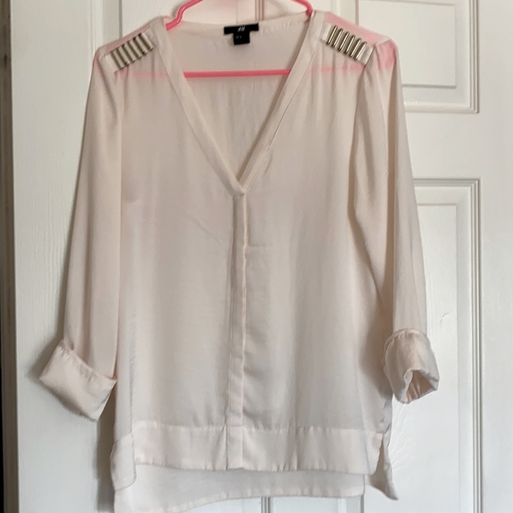 Flowy off white blouse w antiqued brass shoulders